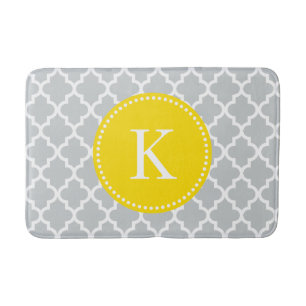Yellow Grey Custom Monogram Quatrefoil Pattern Bath Mat