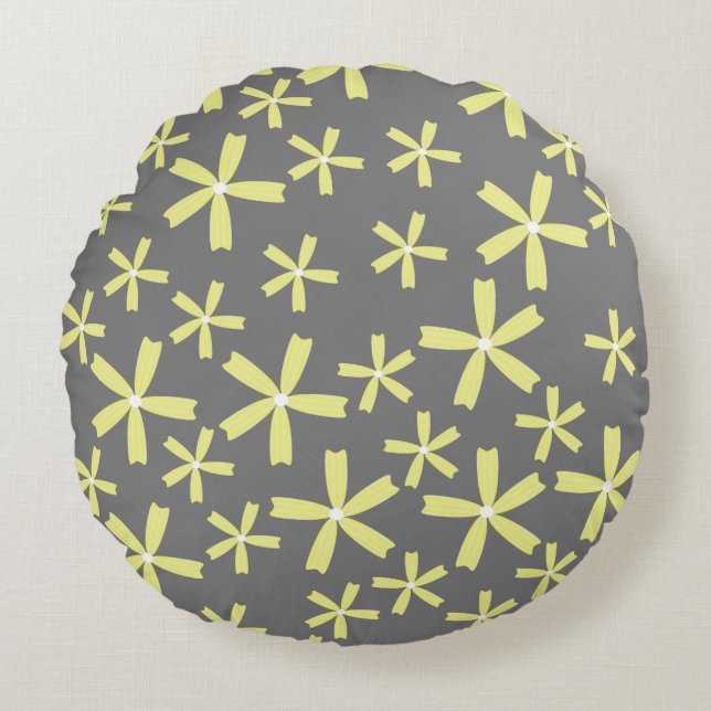 Yellow Grey Daisy Floral Pattern Round Cushion (Front)
