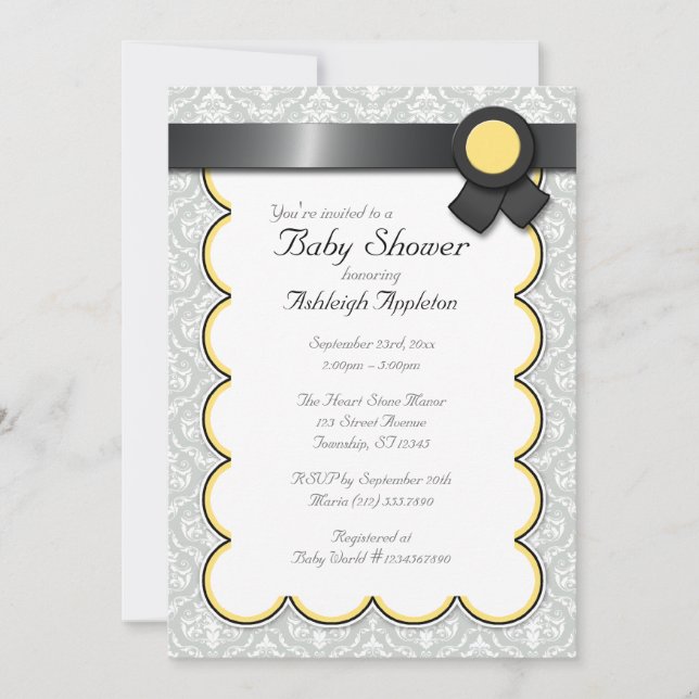 Yellow & Grey Damask Baby Shower Invitations (Front)