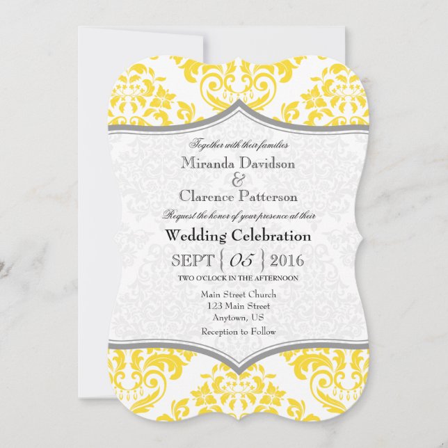 Yellow Grey Damask Bracket Wedding Invite (Front)