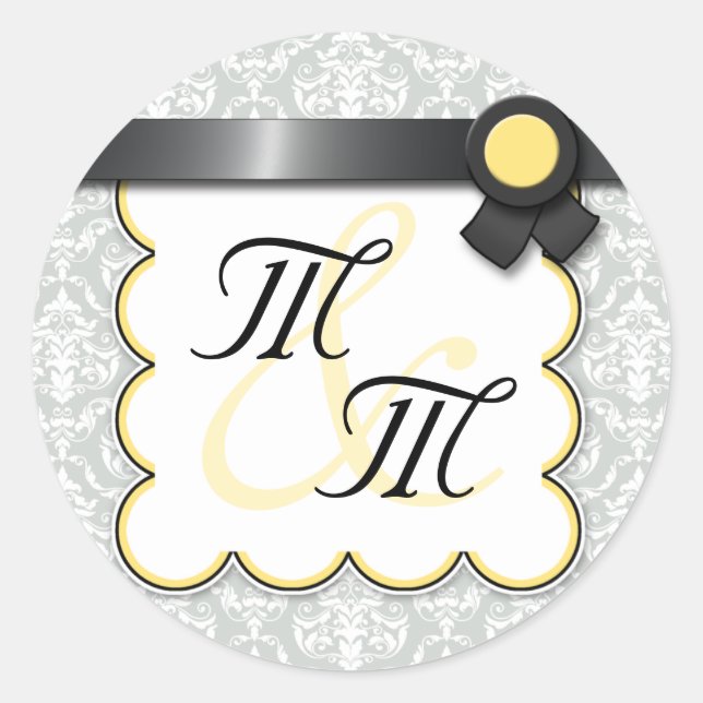 Yellow & Grey Damask Double Monogram Stickers (Front)