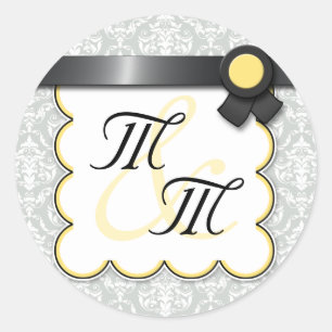 Yellow & Grey Damask Double Monogram Stickers