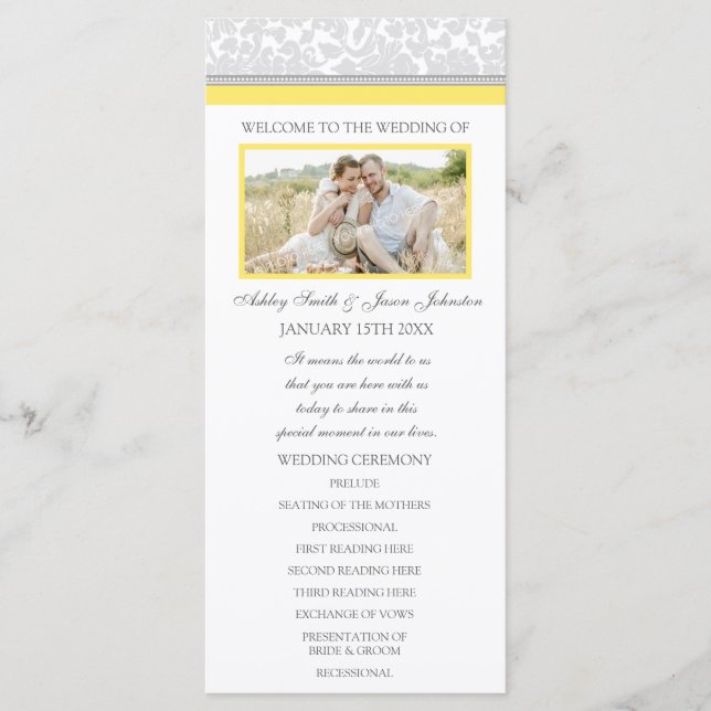 Yellow Grey Damask Photo Wedding Program Programme (Front)