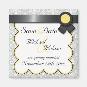 Yellow & Grey Damask Save the Date Magnet