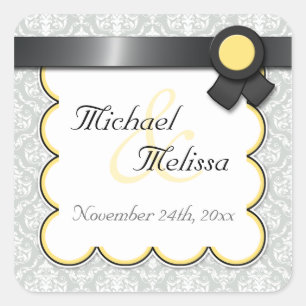 Yellow & Grey Damask Wedding Favour Stickers