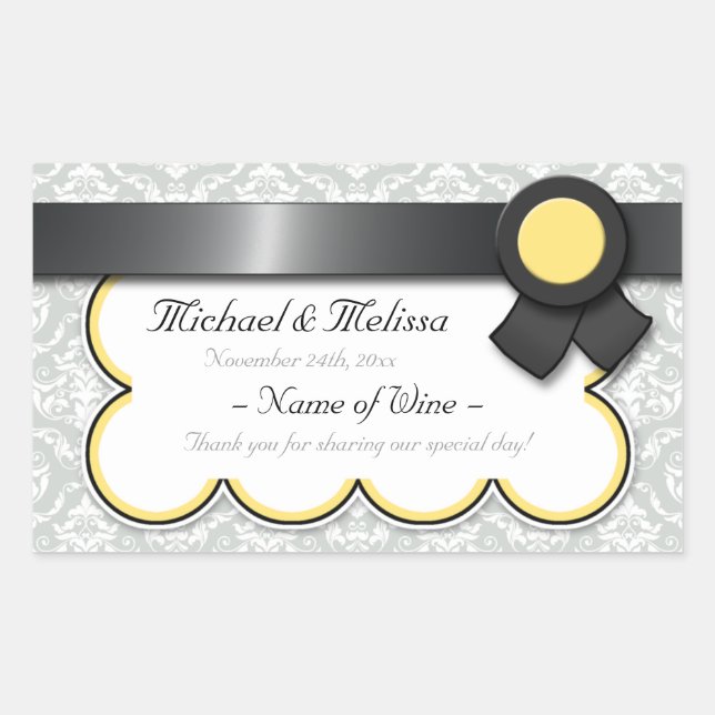 Yellow & Grey Damask Wedding Wine Bottle Labels (Front)