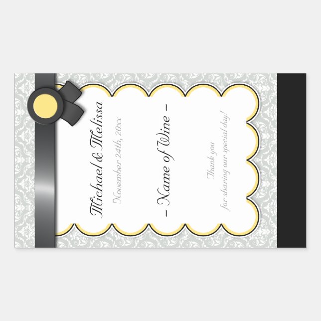 Yellow & Grey Damask Wedding Wine Bottle Labels (Front)
