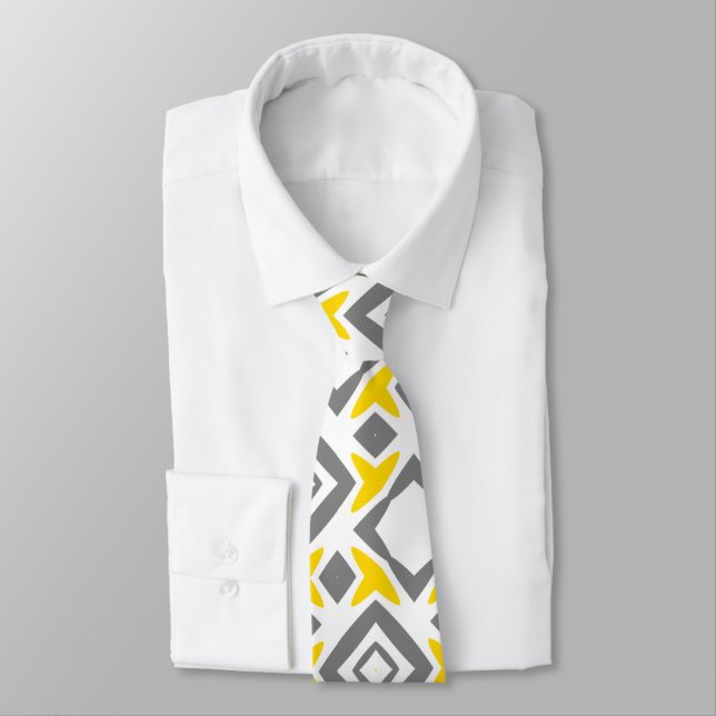 Yellow Grey Diamond Pattern Tie (Tied)