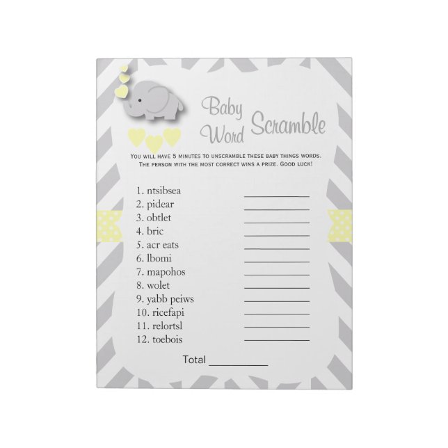 Yellow & Grey Elephant Baby Shower Word Game Notepad (Rotated)