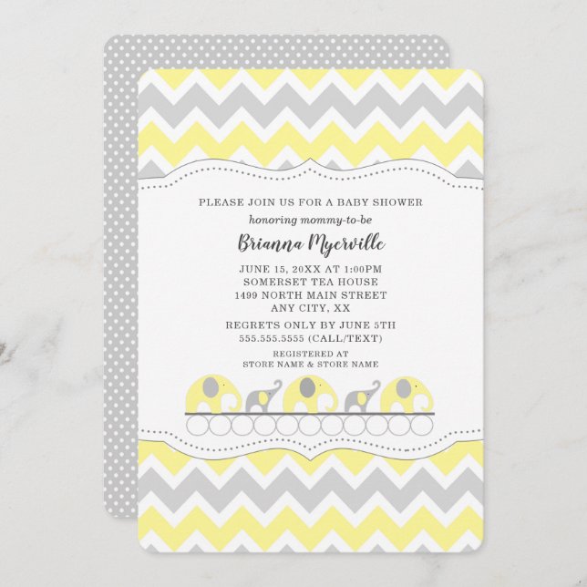 Yellow Grey Elephant neutral gender baby shower Invitation (Front/Back)