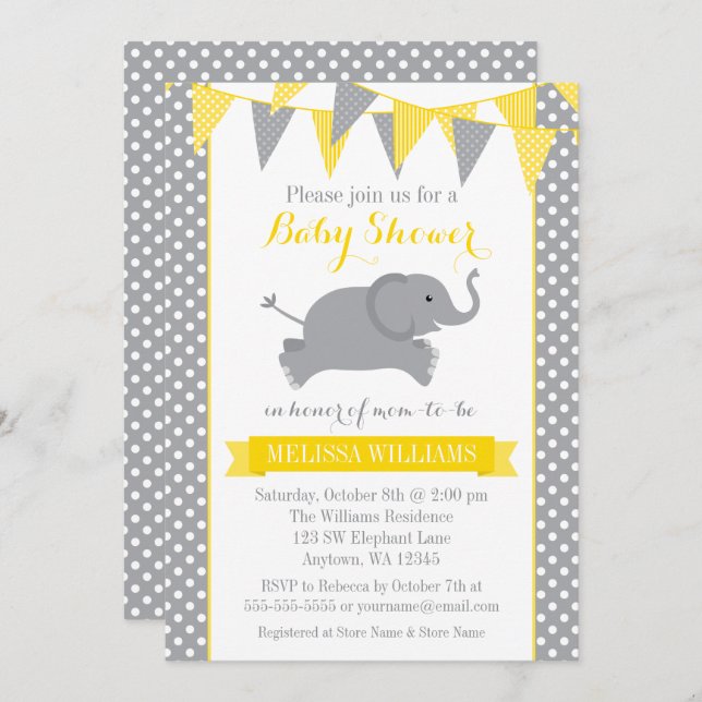 Yellow Grey Elephant Polka Dot Bunting Baby Shower Invitation (Front/Back)