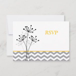 Yellow, Grey Floral, Chevron Wedding RSVP Card