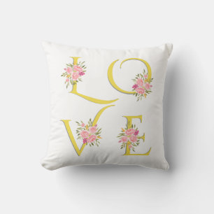 Yellow, grey floral Love typography Valentines Day Cushion