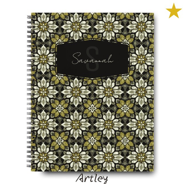 Yellow Grey Floral Spanish Tile Name Monogram Notebook (Creator Uploaded)