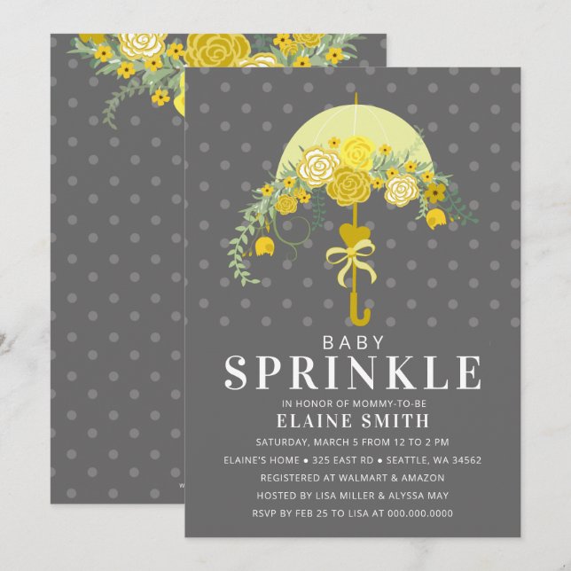 Yellow Grey Floral Umbrella Neutral Baby Shower  Invitation (Front/Back)