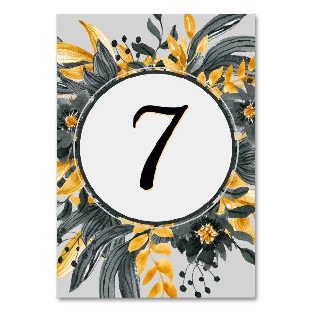 Yellow + Grey Floral Watercolor Elegant Wedding Table Number (Front)