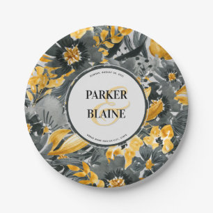 Yellow + Grey Floral Watercolor Monogram Wedding Paper Plate