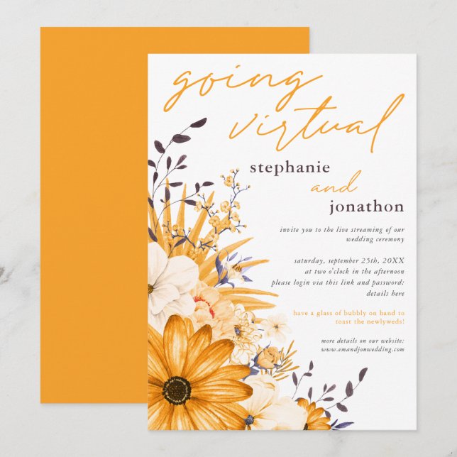 Yellow Grey Florals Watercolor Virtual Wedding Invitation (Front/Back)