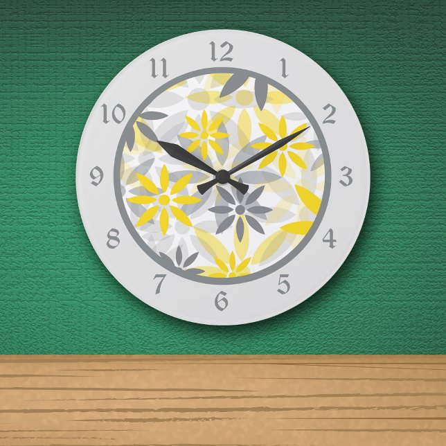 Yellow Grey Flower Graphic Large Clock (Creator Uploaded)