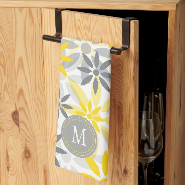 Yellow Grey Flower Graphic Monogram Tea Towel (Thirds Fold)