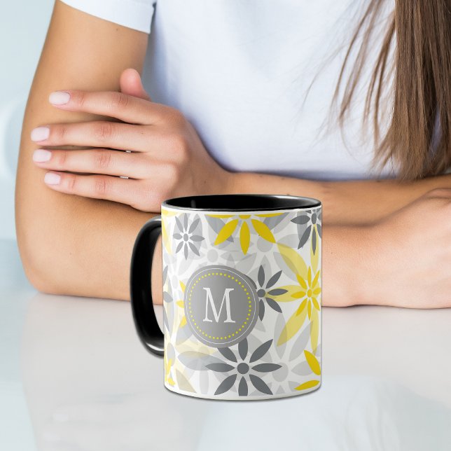 Yellow Grey Flower Graphic Monogram Two-Tone Coffee Mug (Creator Uploaded)