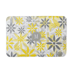 Yellow Grey Flower Graphic Pattern Bath Mat