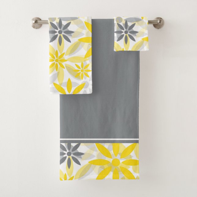 Yellow Grey Flower Graphic Pattern Bath Towel Set (Insitu)