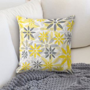 Yellow Grey Flower Graphic Pattern Cushion