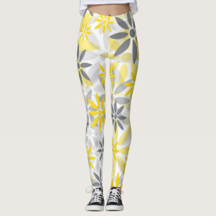Yellow Grey  Flower Graphic Pattern Leggings