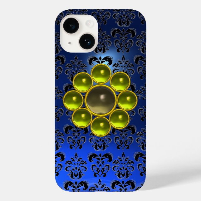 YELLOW GREY GEMSTONE MON Bright Blue Black Damask Case-Mate iPhone Case (Back)