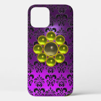 YELLOW GREY GEMSTONE MON Purple Black Damask