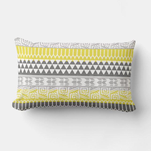 Yellow Grey Geometric Aztec Tribal Print Pattern Lumbar Cushion (Front)