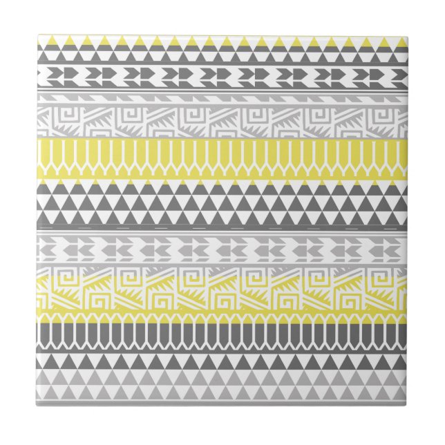 Yellow Grey Geometric Aztec Tribal Print Pattern Tile (Front)