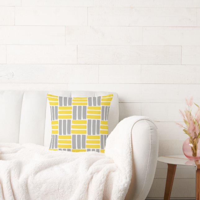 Yellow Grey Geometric Brushstrokes Pattern Cushion (Couch)