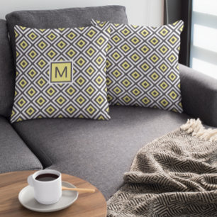 Yellow Grey Geometric Pattern Monogram Cushion