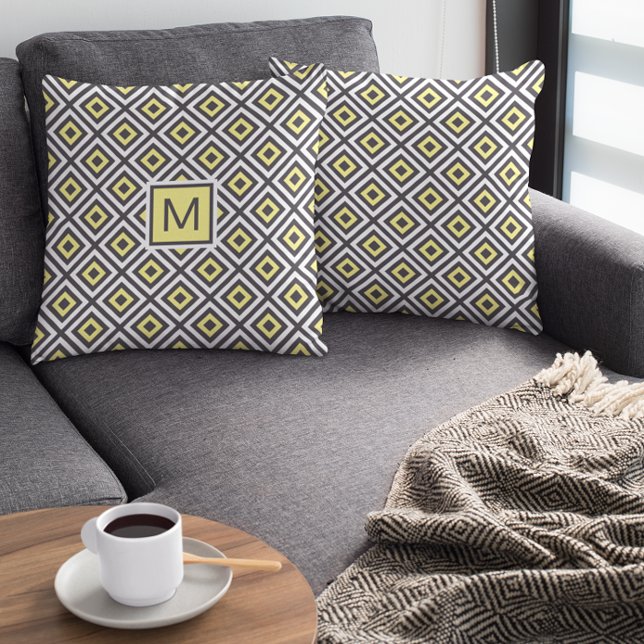 Yellow Grey Geometric Pattern Monogram Cushion (Creator Uploaded)