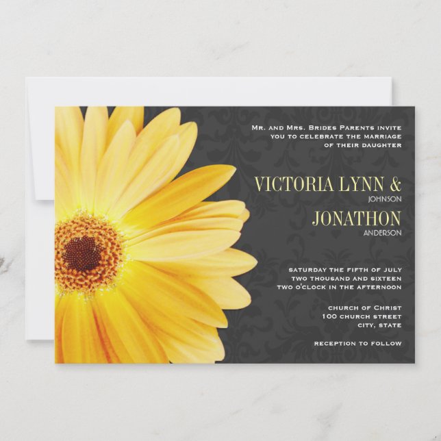 Yellow Grey Gerber Daisy Vintage Damask Wedding Invitation (Front)