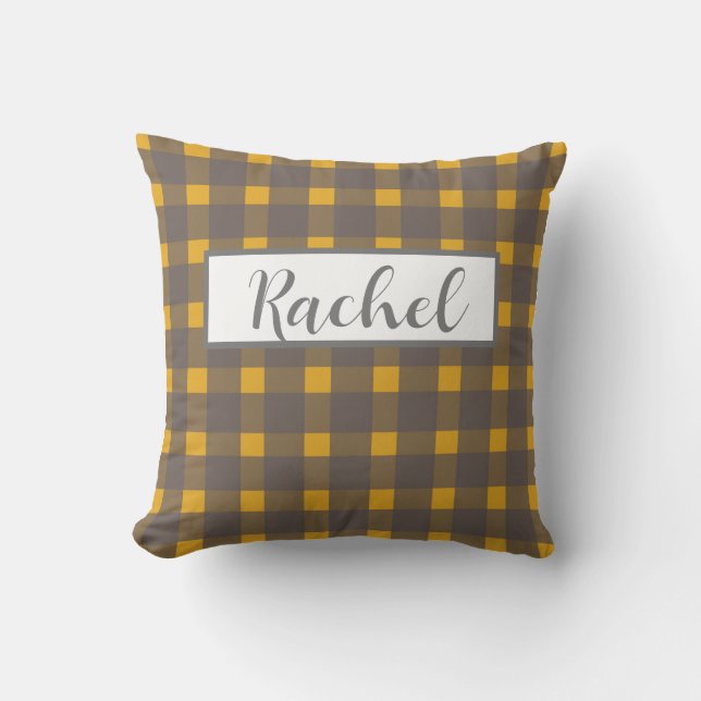 Yellow  Grey Gingham Personalised  Cushion (Front)