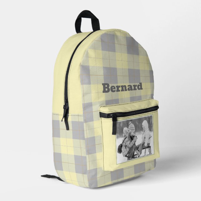 Yellow Grey Gingham Plaid Pattern Name and Photo Printed Backpack (Back Corner Left)