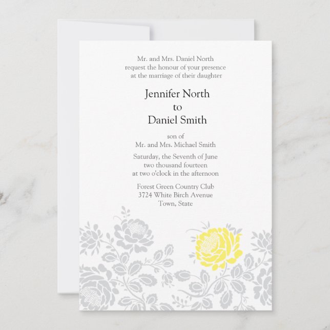 Yellow Grey Grey Floral Wedding Invitations (Front)