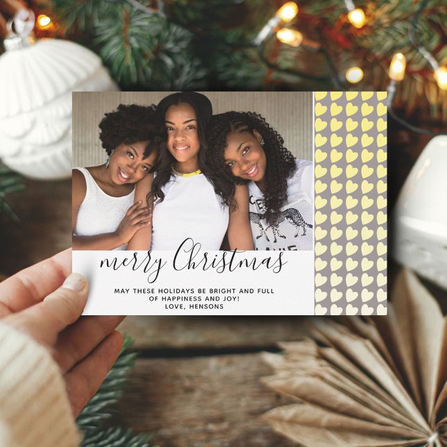 Yellow Grey Heart Merry Christmas Photo Card (Creator Uploaded)