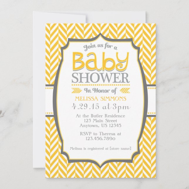Yellow Grey Herringbone Baby Shower Invitations (Front)