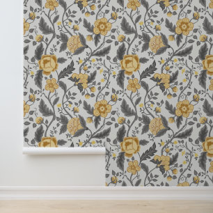 Yellow & Grey Jacobean  Floral Pattern Wallpaper