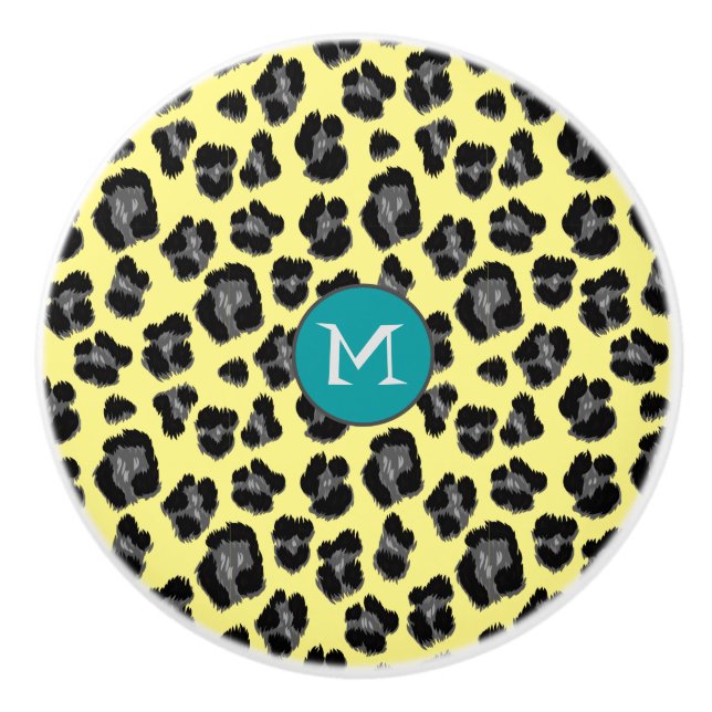 Yellow Grey Leopard Print Monogram Ceramic Knob (Front)