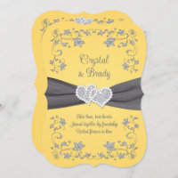 Yellow, Grey Love Hearts Wedding Invitation
