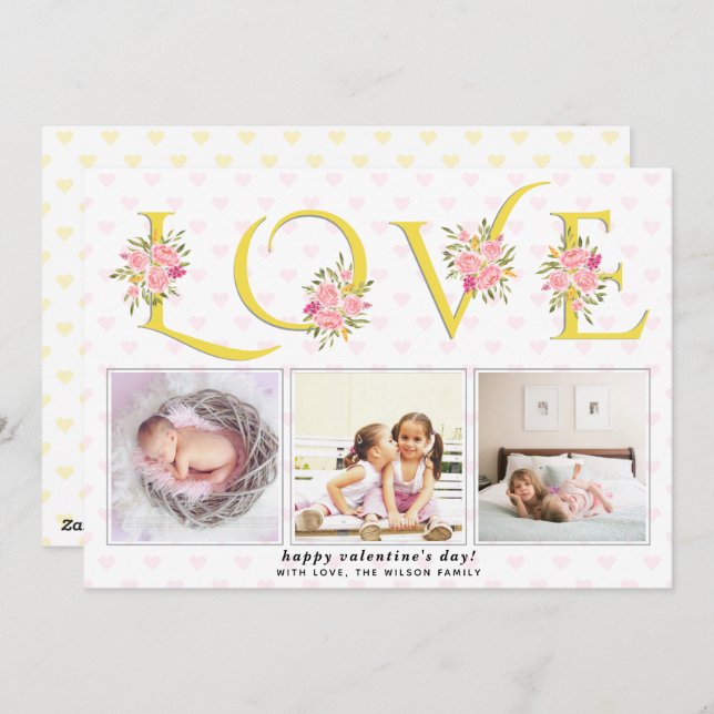 Yellow, grey LOVE typography photo Valentines Day Holiday Card (Front/Back)