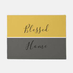 Yellow Grey Modern Elegant Script Blessed Home Doormat