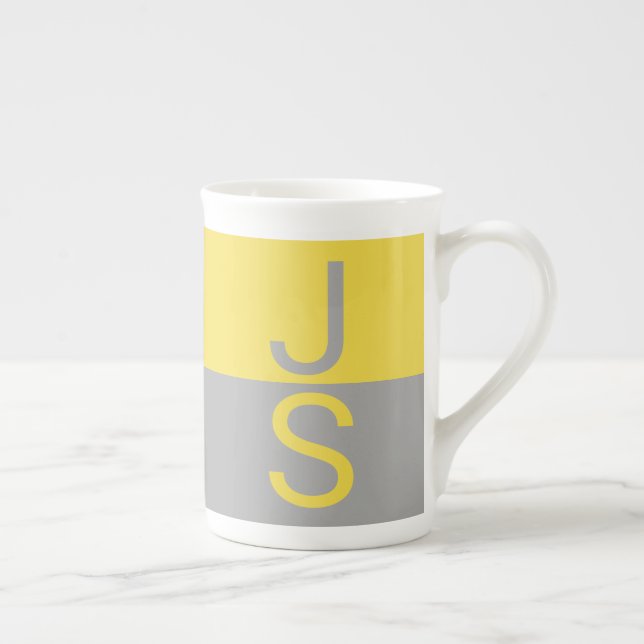 Yellow & Grey Modern Initials Monogram Bone China Mug (Right)