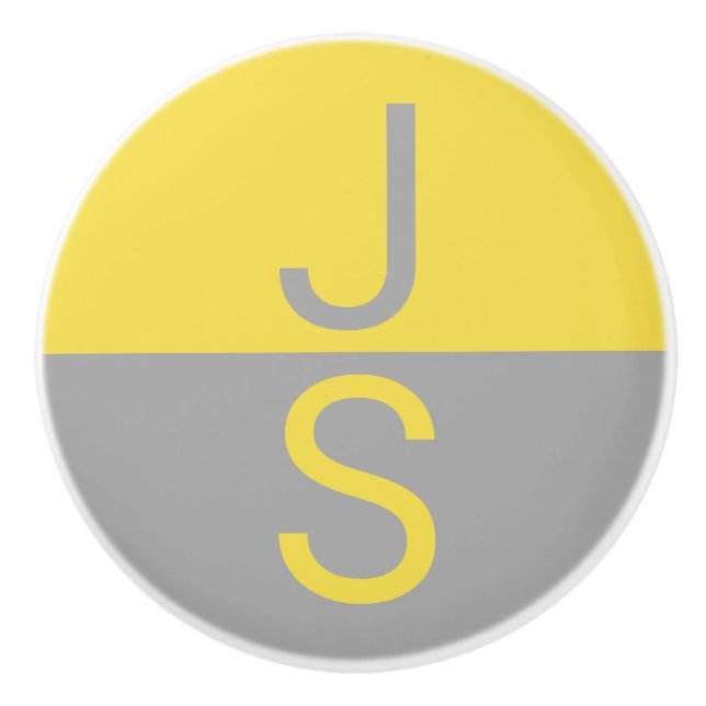 Yellow & Grey Modern Initials Monogram Ceramic Knob (Front)