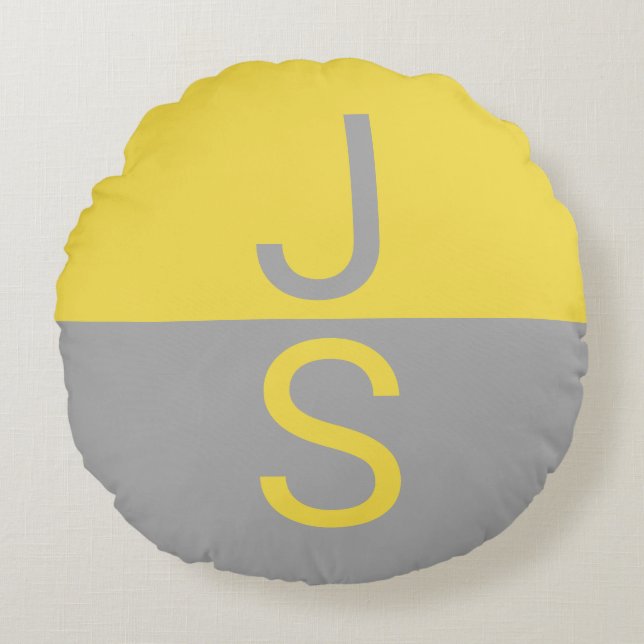 Yellow & Grey Modern Initials Monogram Round Cushion (Front)
